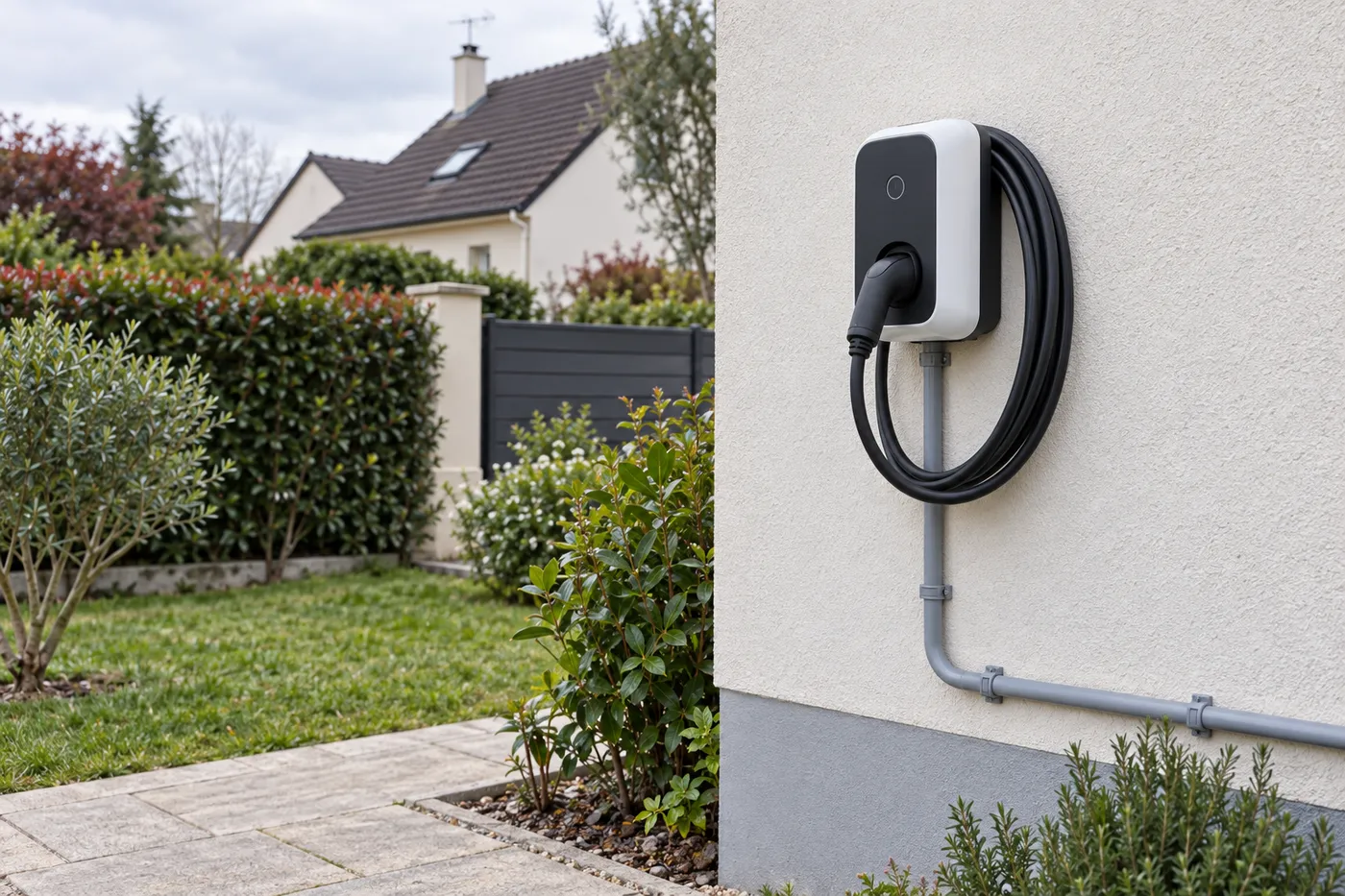 Borne de recharge murale posée sur la façade d'un pavillon, avec sa ligne dédiée sous conduit