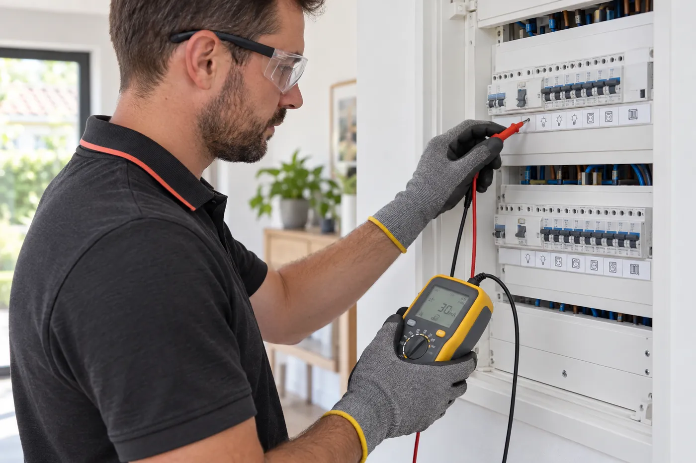 Électricien testant un interrupteur différentiel sur un tableau terminé, à l'aide d'un contrôleur d'installation