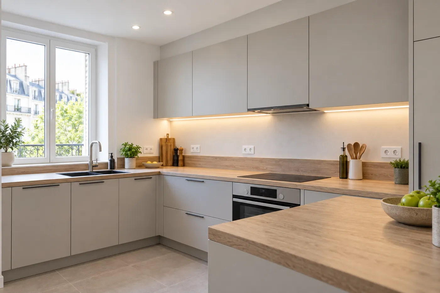 Cuisine rénovée avec spots LED encastrés, ruban LED sous les meubles et prises au-dessus du plan de travail