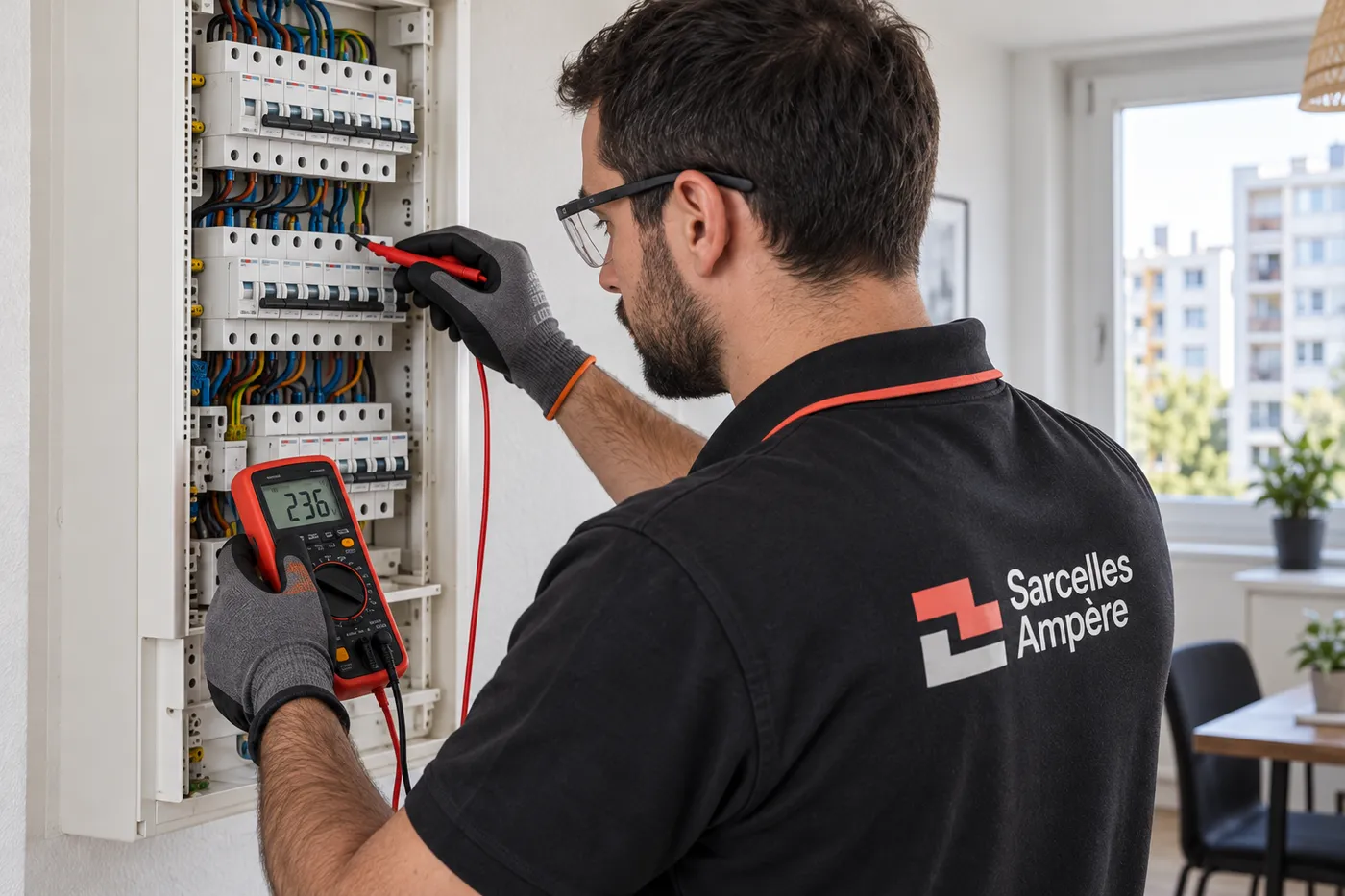 Électricien en polo Sarcelles Ampère mesurant au multimètre les protections d'un tableau électrique dans un appartement de Sarcelles