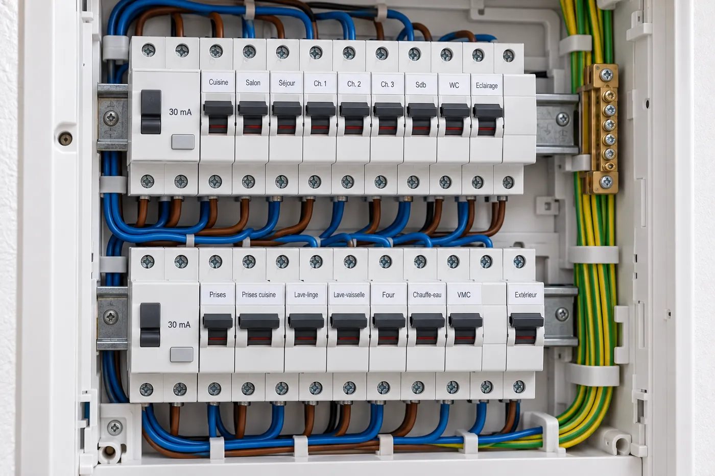 Tableau électrique modulaire neuf : disjoncteurs divisionnaires étiquetés par circuit et interrupteurs différentiels 30 mA